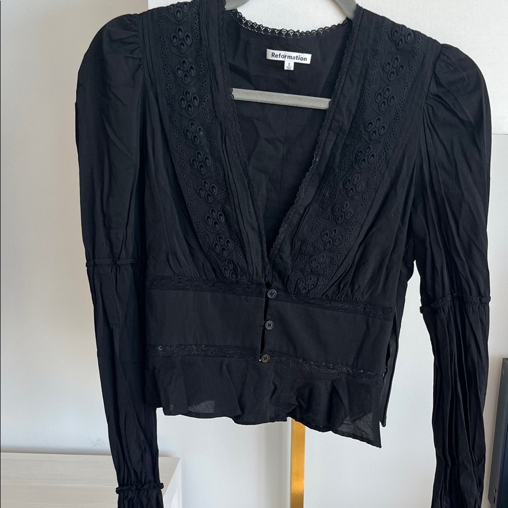 Reformation Black Lace-Trim V-Neck Peplum Blouse